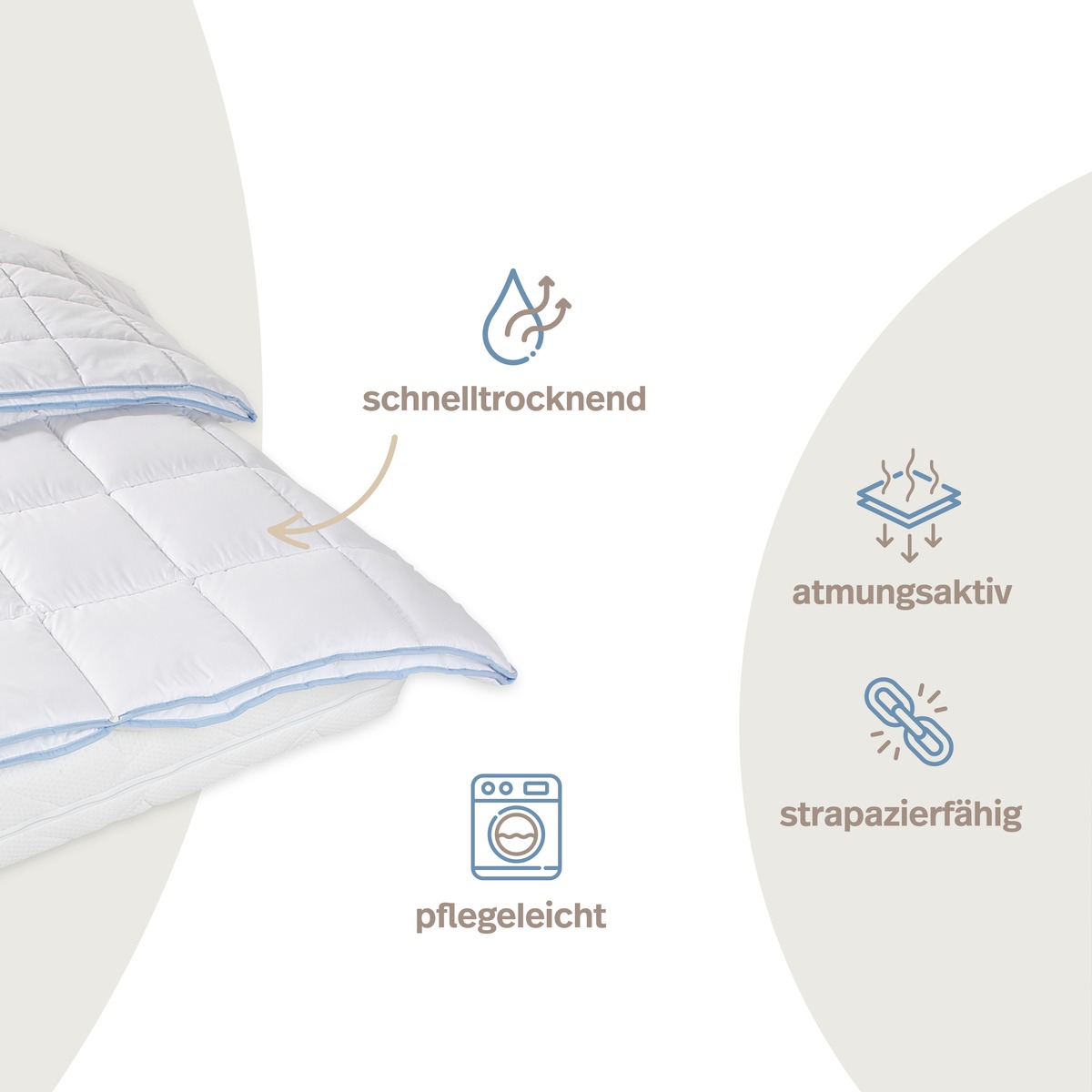 PROCAVE TopCool kochfeste Qualit&auml;ts-4-Jahreszeitendecke mit Druckkn&ouml;pfen &mdash; Infografik: schnelltrocknend, atmungsaktiv, pflegeleicht und strapazierf&auml;hig