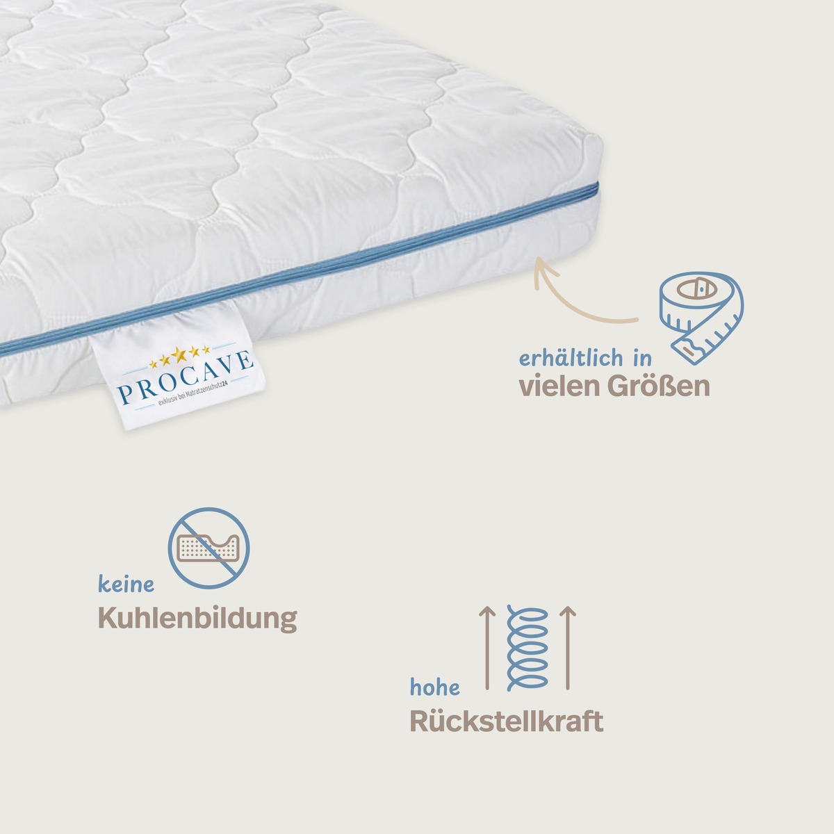 PROCAVE Kindermatratze mit TopCool-Matratzenbezug &mdash; Infografik: erh&auml;ltlich in vielen Gr&ouml;&szlig;en, keine Kuhlenbildung, hohe R&uuml;ckstellkraft