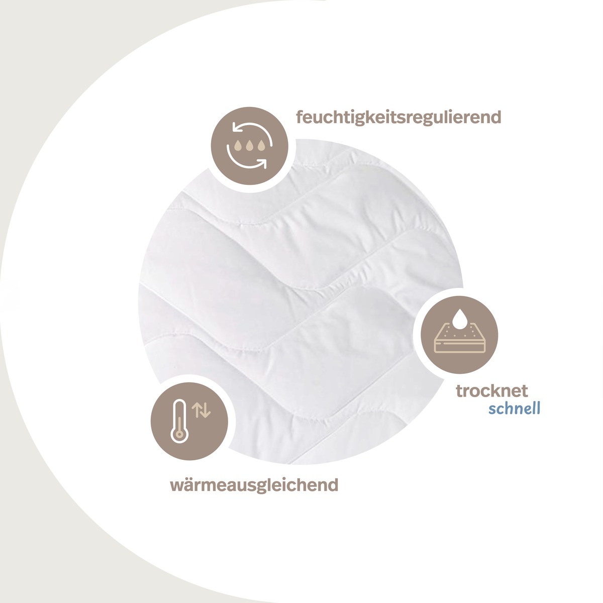 PROCAVE TopCool Qualitäts-Stepp-Kopfkissen — Infografik: feuchtigkeitsregulierend, wärmeausgleichend, trocknet schnell