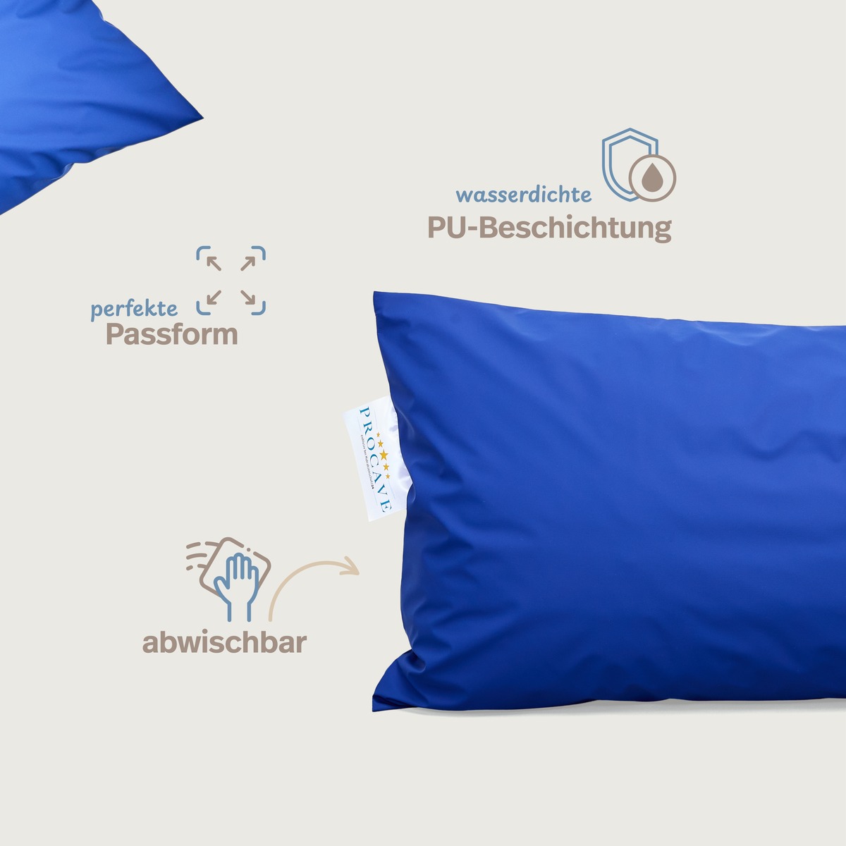 PROCAVE wasserdichter Kissenbezug abwischbar in blau &mdash; Infografik: wasserdichte PU-Beschichtung, perfekte Passform, abwischbar
