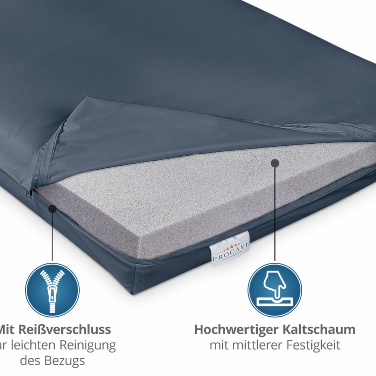 Pflegematratze mit Kaltschaumkern und wasserdichtem Bezug in Dunkelblau