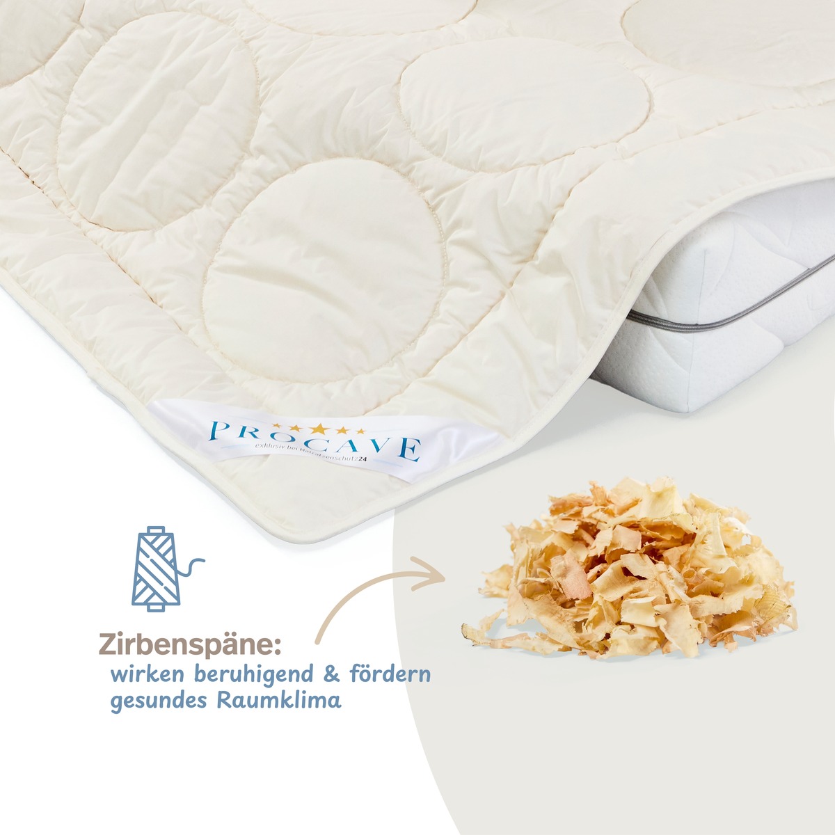 PROCAVE NATUR Schurwolle Ganzjahresdecke mit Zirben-Späne — Infografik: Zirbenspäne wirken beruhigend und fördern ein gesundes Raumklima