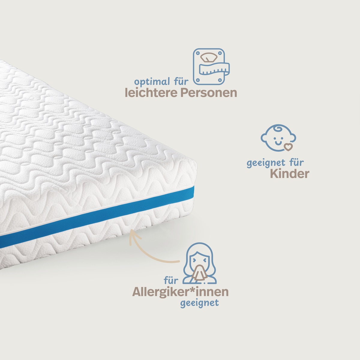 PROCAVE GELI W&uuml;rfelschnitt-Matratze &mdash; Infografik geeignet f&uuml;r leichtere Personen, Kinder und Allergiker*innen