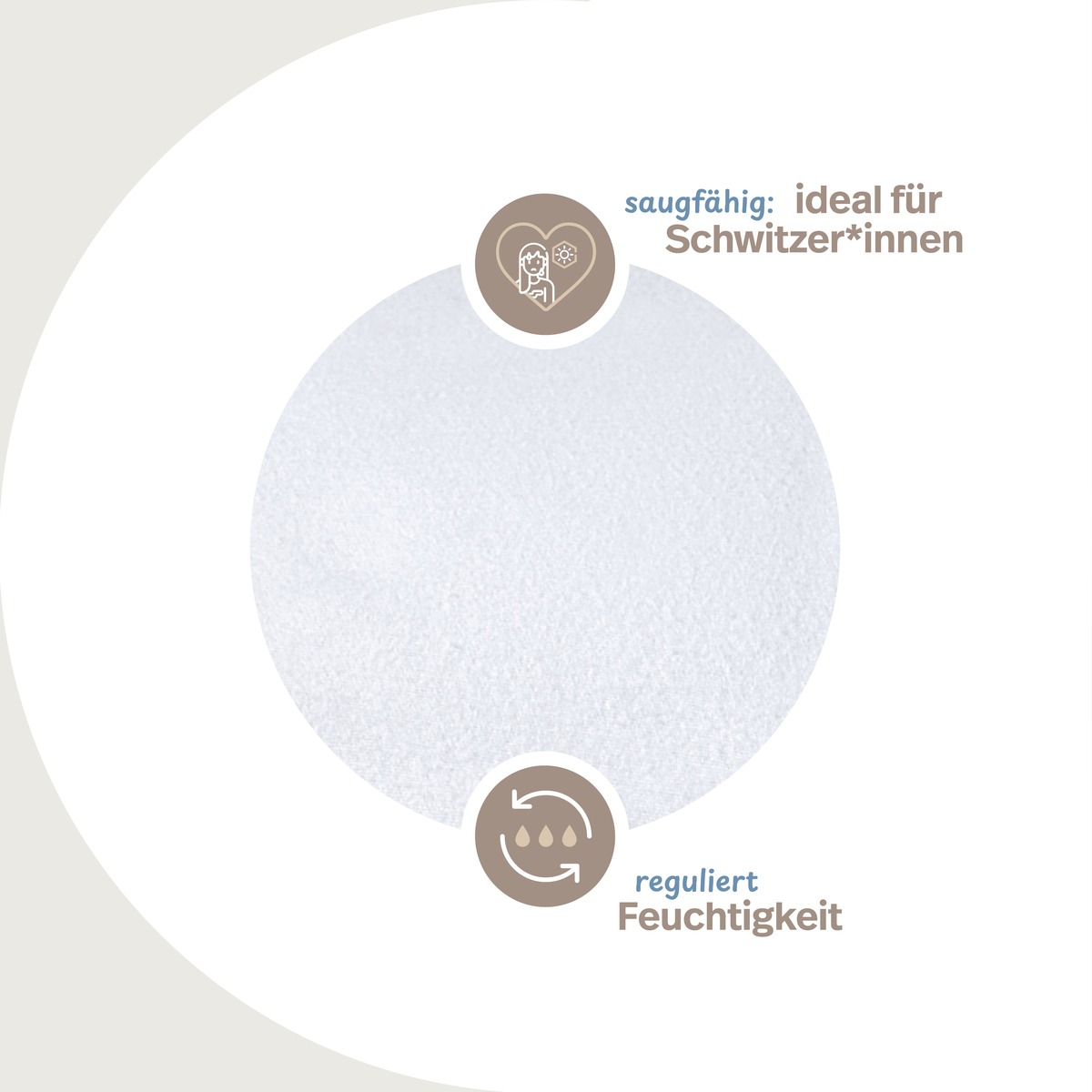 PROCAVE Feinflanell Schutzbezug für Kissen — Infografik: saugfähig ideal für Schwitzer*innen, reguliert Feuchtigkeit