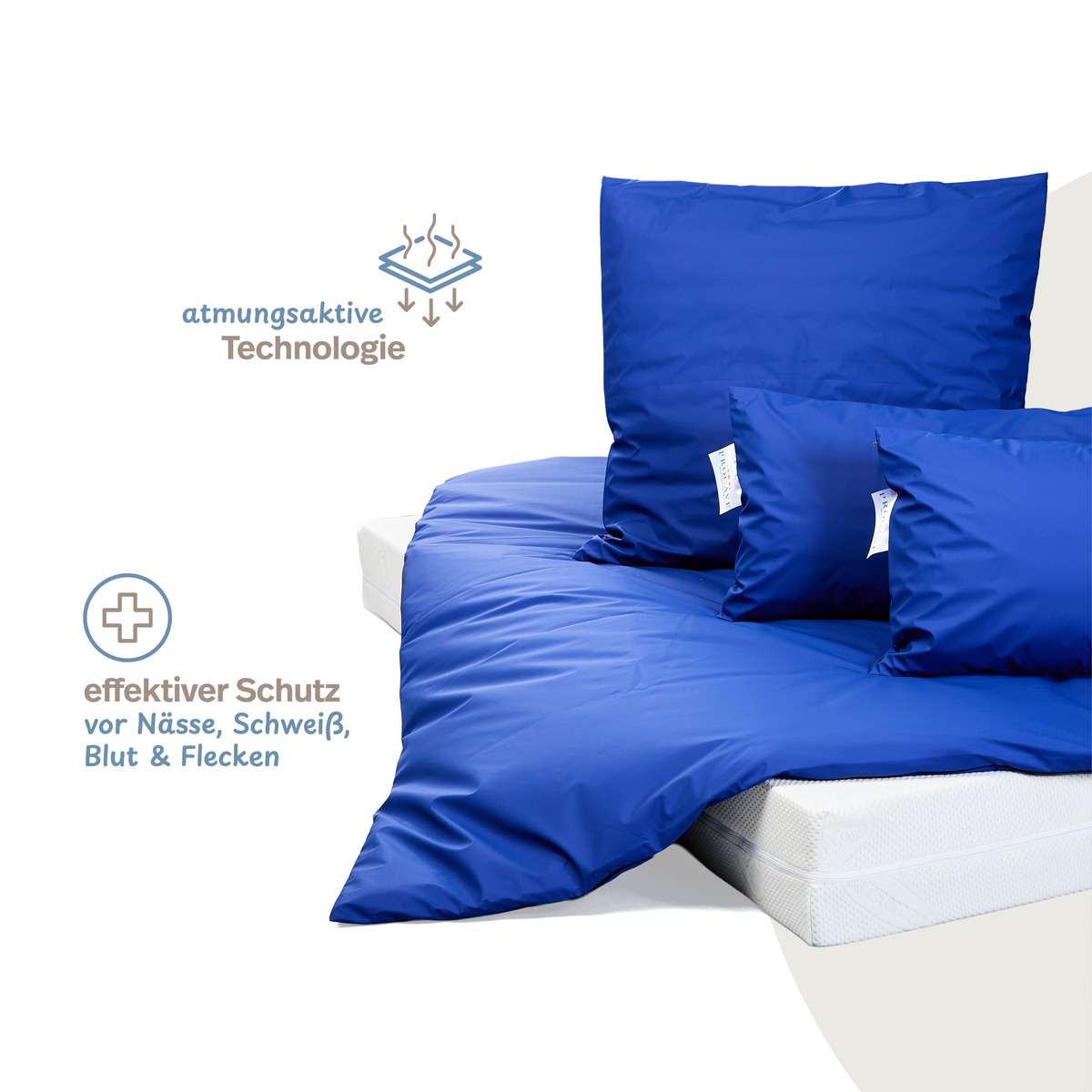 PROCAVE wasserdichter Kissenbezug abwischbar in blau &mdash; Bett komplett mit blauen HygieneLine-Kissenbez&uuml;gen, effektiver Schutz und atmungsaktive Technologie