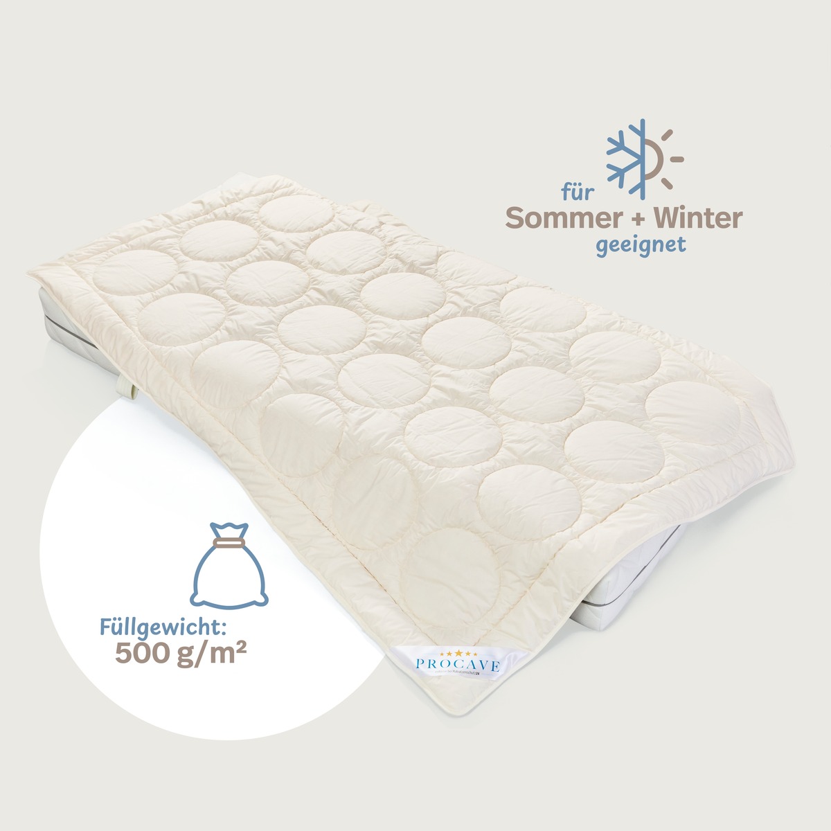 PROCAVE NATUR Schurwolle Ganzjahresdecke mit Zirben-Späne — Infografik: für Sommer und Winter geeignet, Füllgewicht 500 g/m²