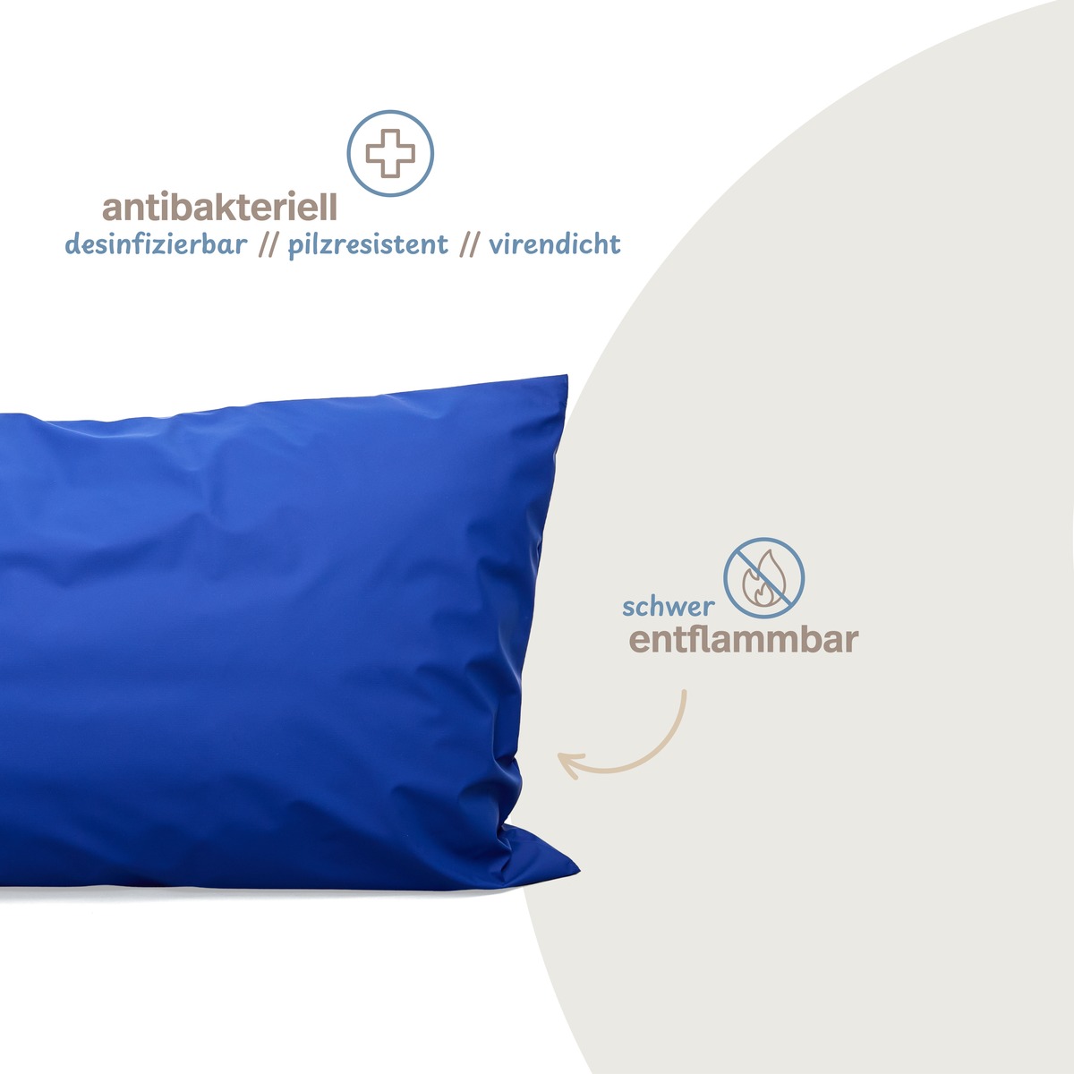 PROCAVE wasserdichter Kissenbezug abwischbar in blau &mdash; Infografik: antibakteriell, desinfizierbar, pilzresistent, virendicht, schwer entflammbar