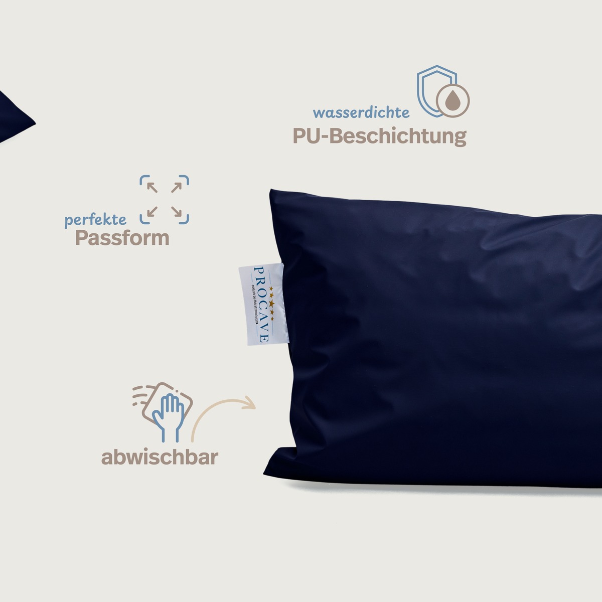 PROCAVE wasserdichter Kissenbezug abwischbar in dunkelblau &mdash; Infografik: wasserdichte PU-Beschichtung, perfekte Passform, abwischbar