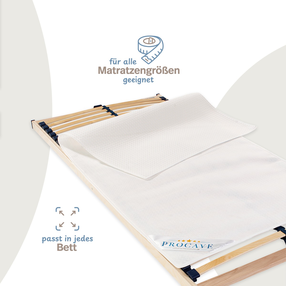 PROCAVE Noppenschoner &mdash; Infografik: f&uuml;r alle Matratzengr&ouml;&szlig;en geeignet, passt in jedes Bett