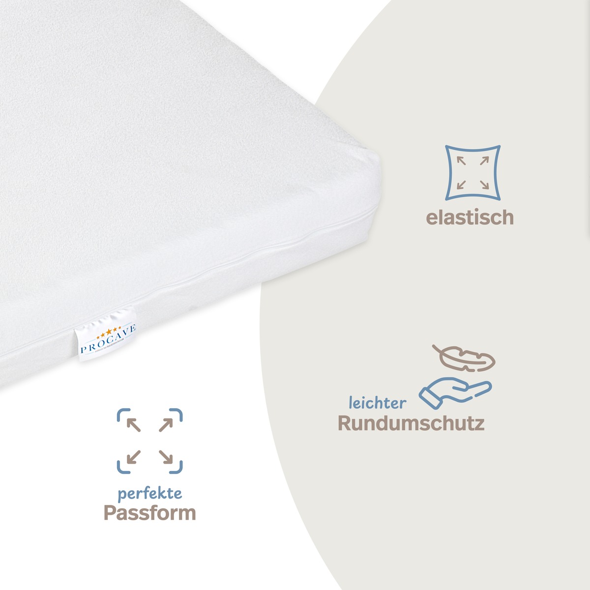 PROCAVE unversteppter Matratzenbezug Frottee-Stretch in wei&szlig; &mdash; Infografik: elastisch, perfekte Passform, leichter Rundumschutz