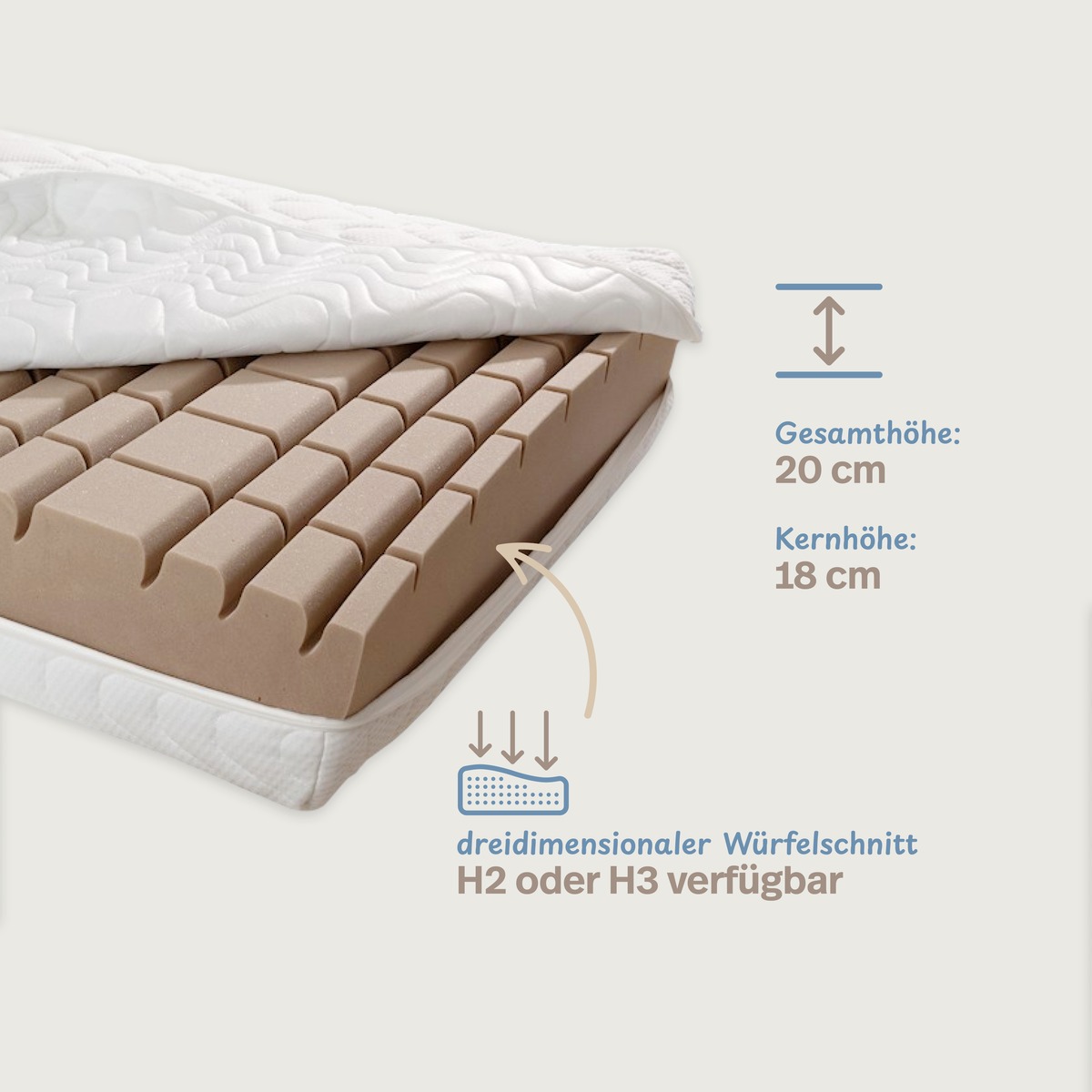 PROCAVE W&uuml;rfelschnitt-Matratze GN &mdash; Infografik: Gesamth&ouml;he 20 cm, Kernh&ouml;he 18 cm, dreidimensionaler W&uuml;rfelschnitt, H2 oder H3 verf&uuml;gbar