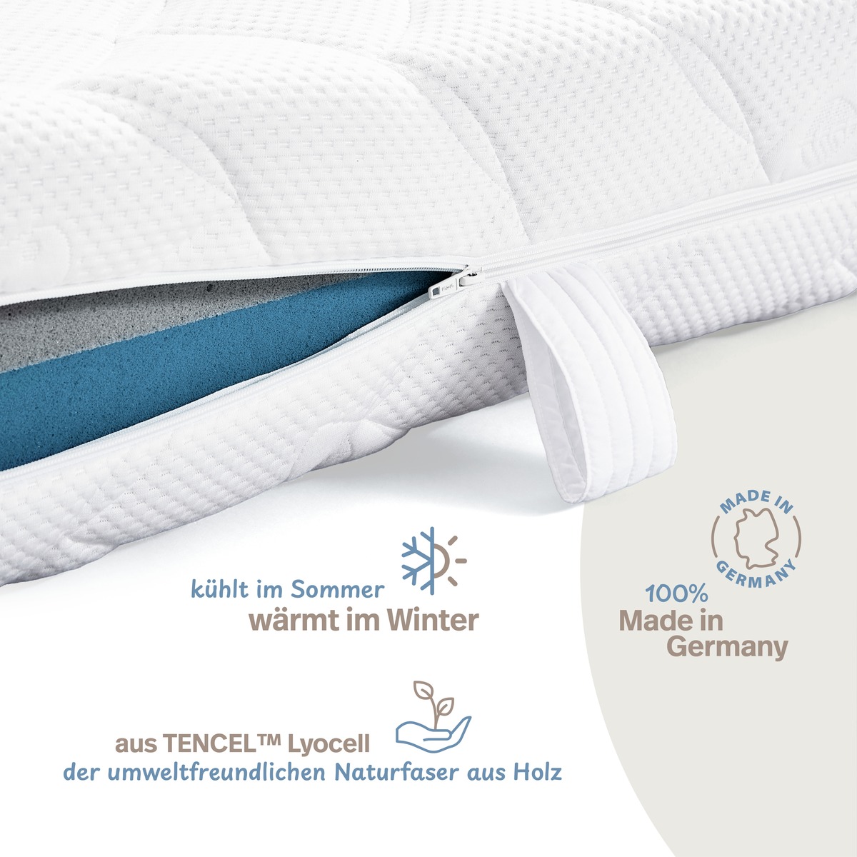 PROCAVE Lyocell Matratzenbezug versteppt Rei&szlig;verschluss-Nahaufnahme &mdash; aus TENCEL Lyocell, der umweltfreundlichen Naturfaser aus Holz, 100 % Made in Germany