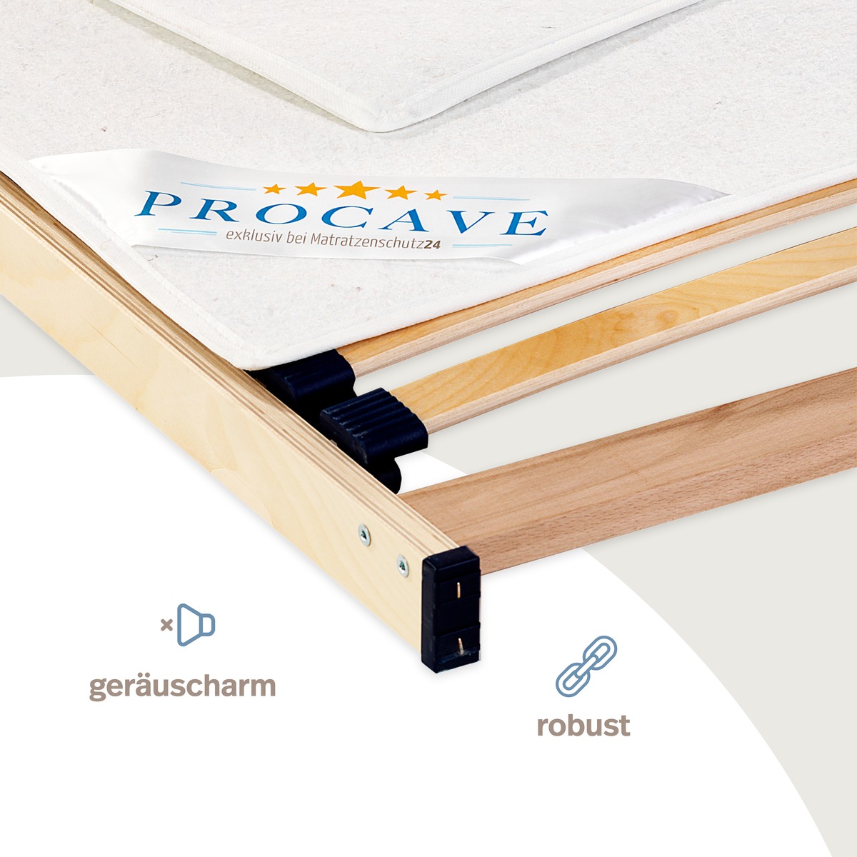 PROCAVE Filzschoner zwischen Matratze und Lattenrost eingelegt &mdash; Detailansicht mit Icons ger&auml;uscharm und robust