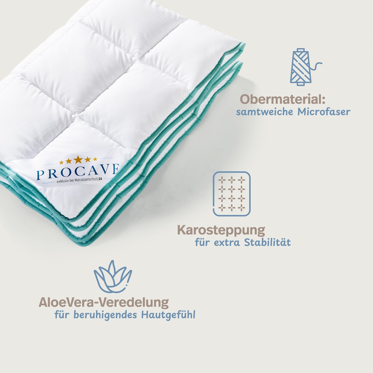 PROCAVE Kinderbetten-Set Aloe Vera &mdash; Infografik: Obermaterial samtweiche Microfaser, Karosteppung f&uuml;r extra Stabilit&auml;t, AloeVera-Veredelung