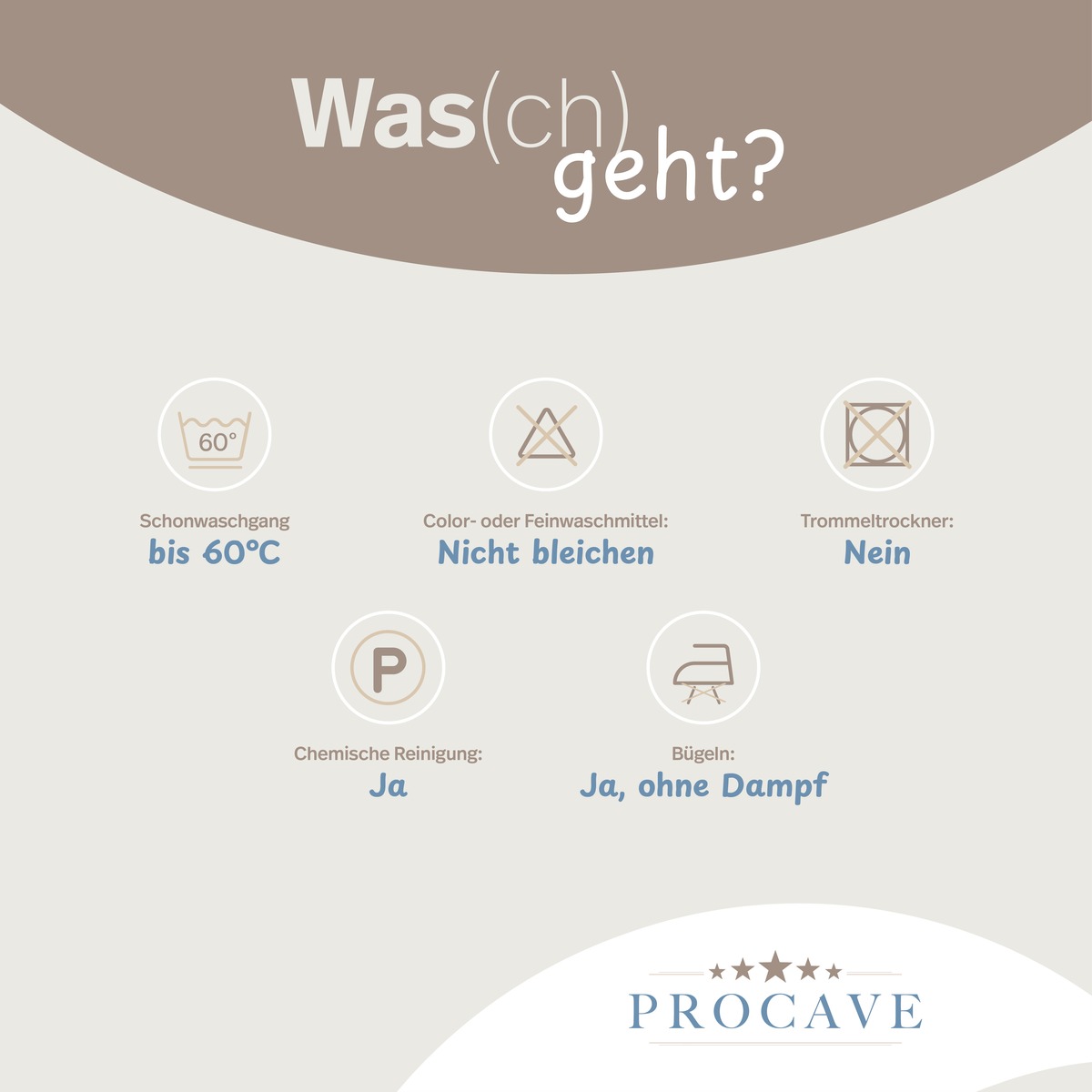 PROCAVE W&uuml;rfelschnitt-Matratze GN &mdash; Pflegesymbole: Schonwaschgang bis 60 &deg;C, kein Trockner, chemische Reinigung m&ouml;glich, B&uuml;geln ja ohne Dampf
